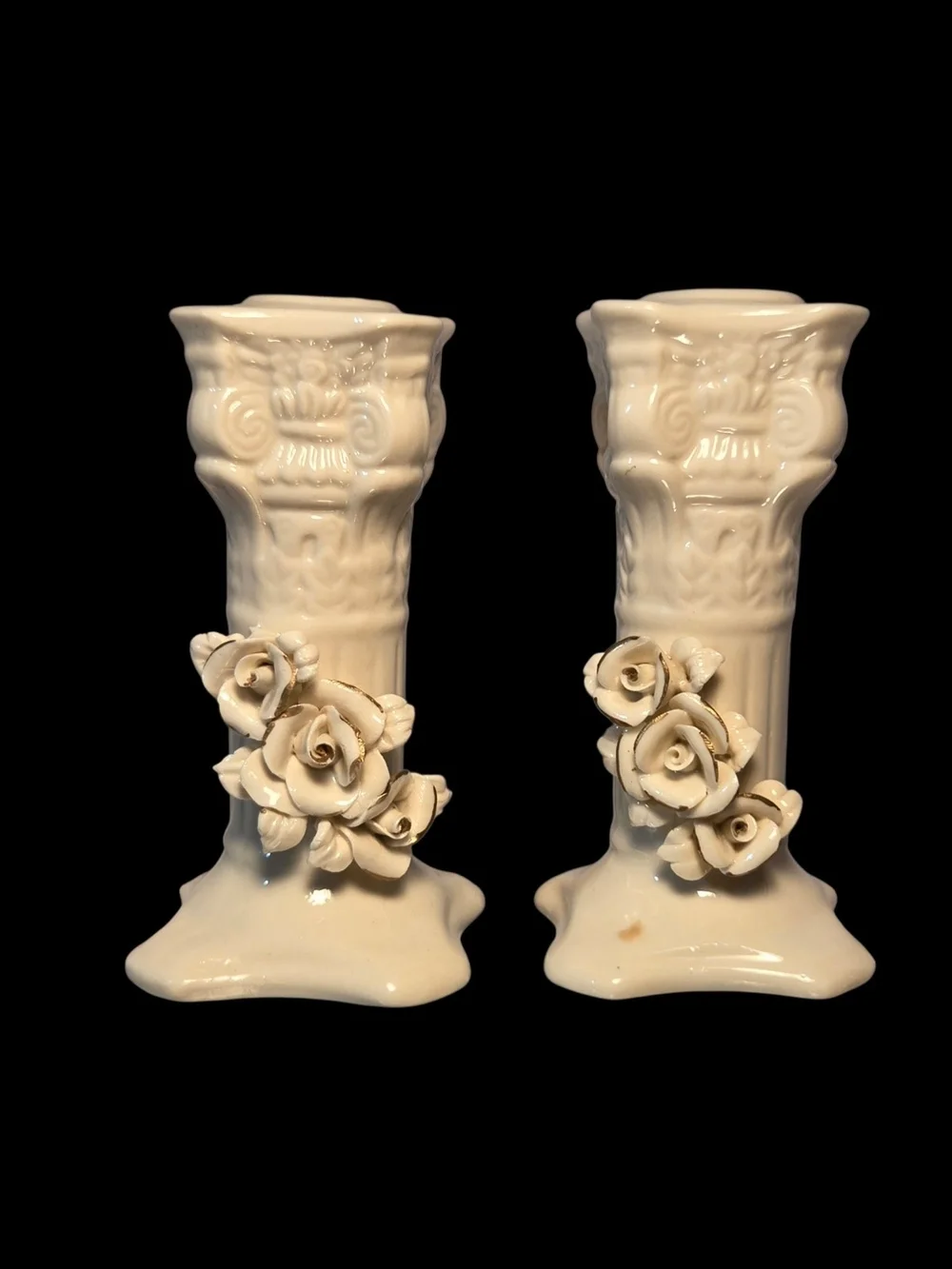 Cream Ceramic Rose Taper Candle Holders - Pair ♡